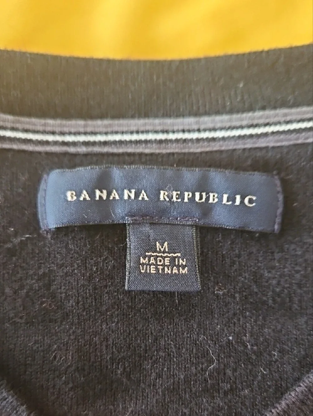 Banana Republic Black V-Neck Sweater with Royal Blue Chest Stripe